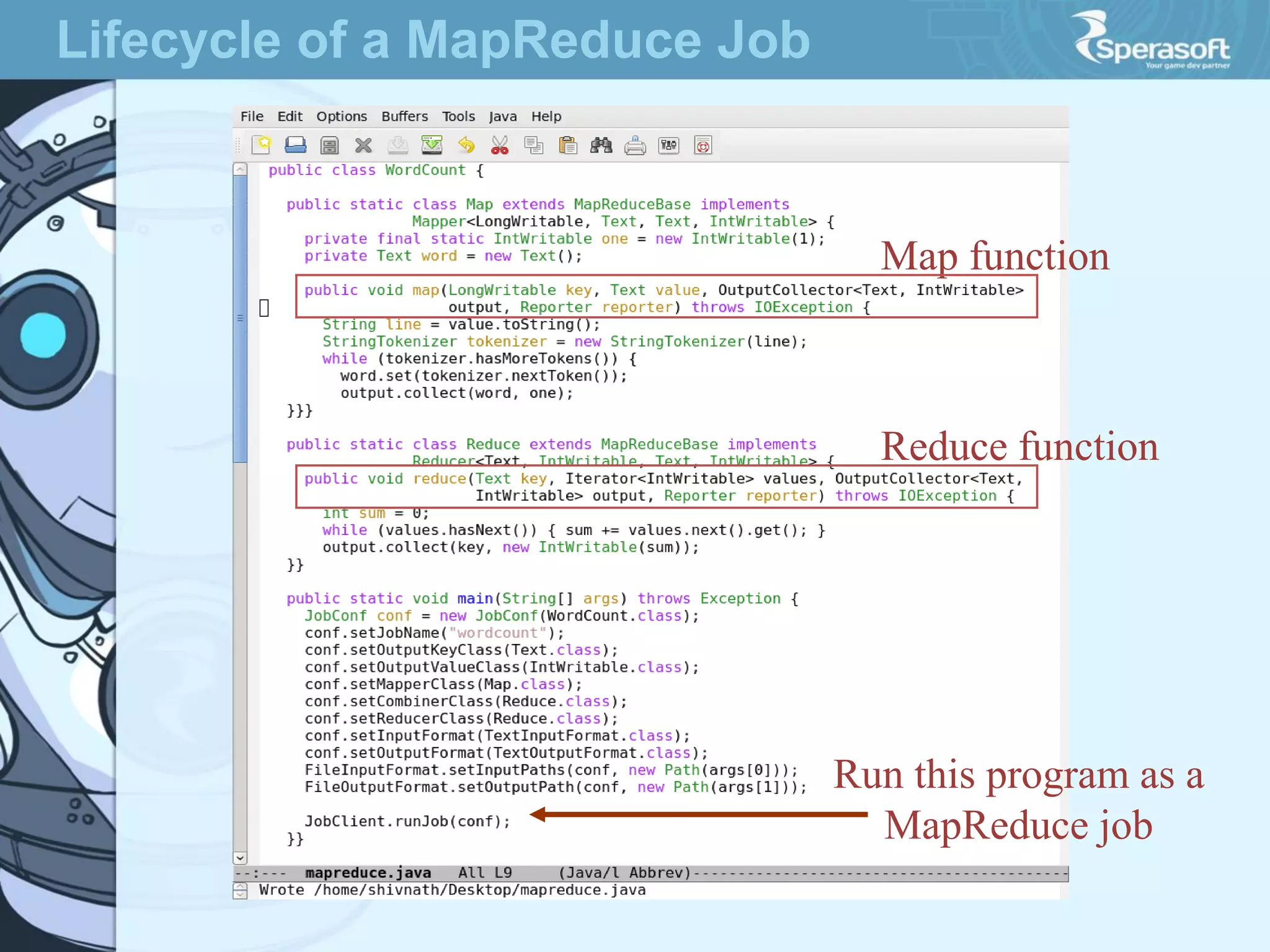 Map function
Reduce function
Run this program as a
MapReduce job
Lifecycle of a MapReduce Job
 