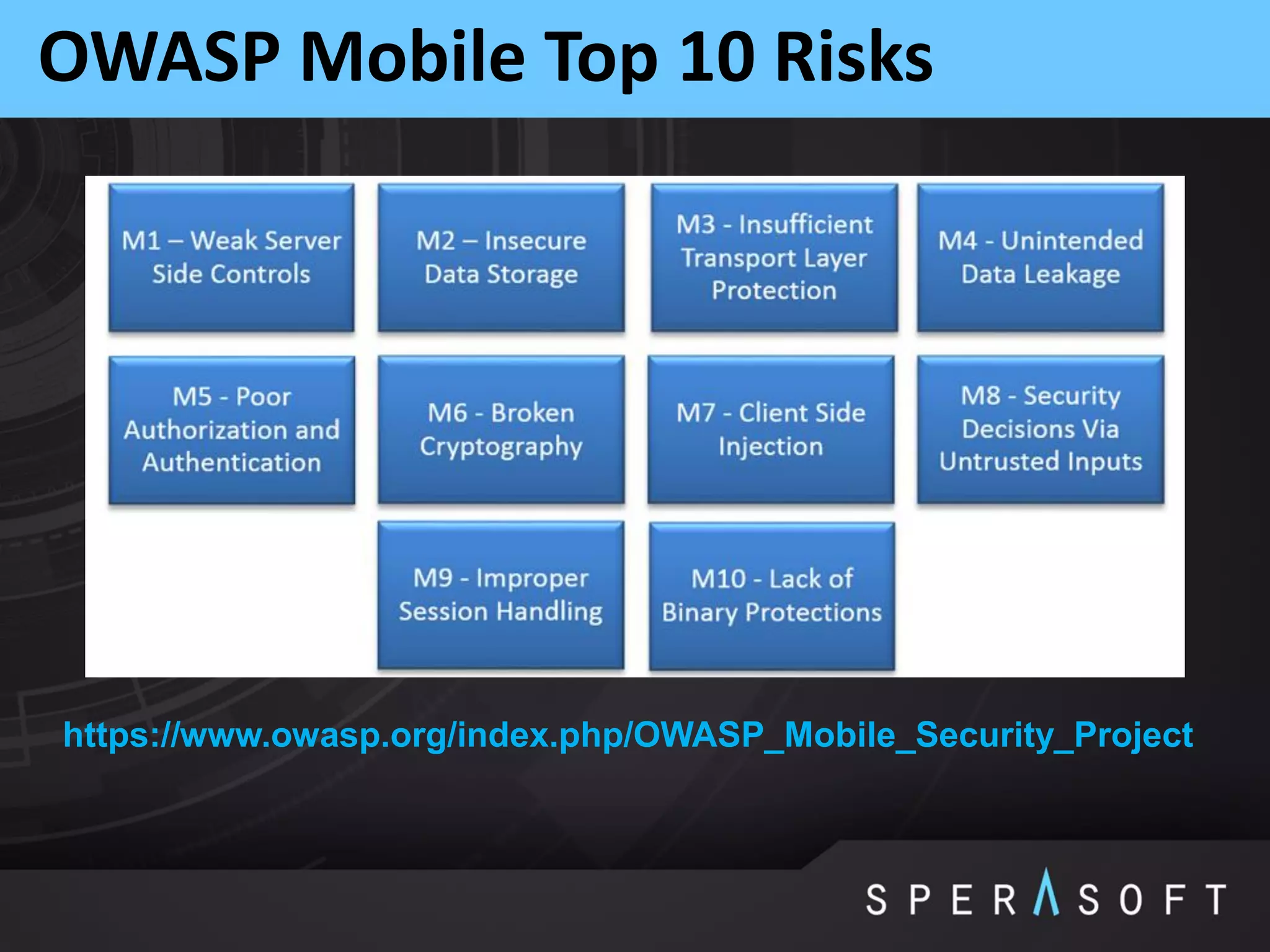 OWASP Mobile Top 10 Risks
https://www.owasp.org/index.php/OWASP_Mobile_Security_Project
 