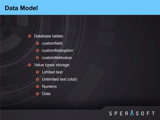 Database tables: 
customfield 
customfieldoption 
customfieldvalue 
Value types storage: 
Limited text 
Unlimited text (clob) 
Numeric 
Date 
Data Model  