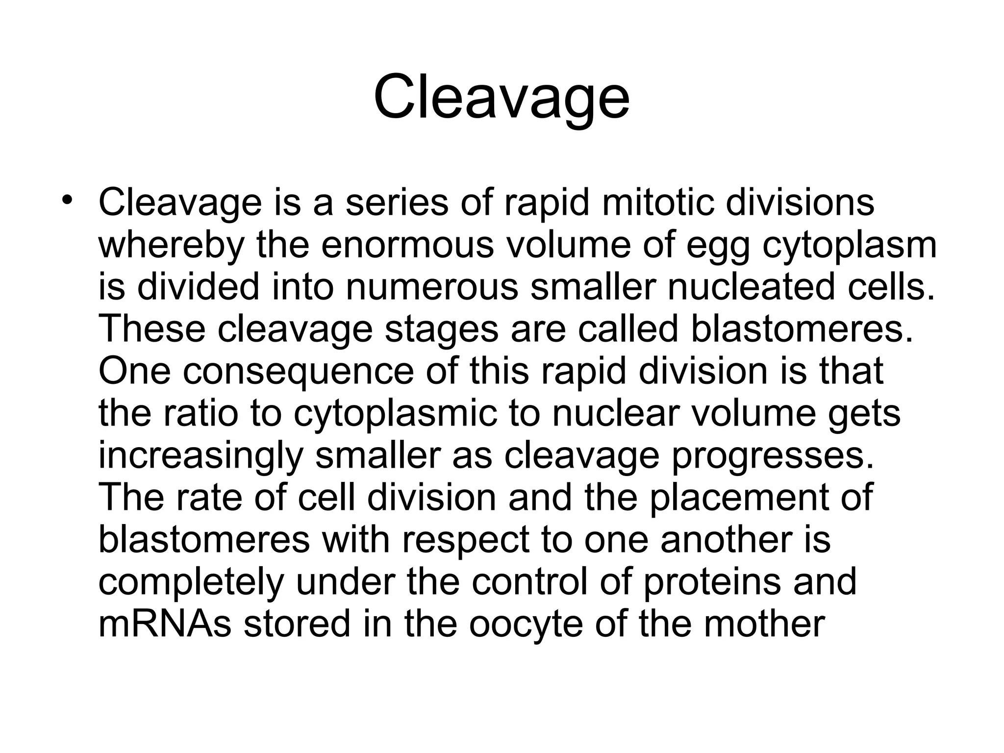 Cleavage
• Cleavage is a series of rapid mitotic divisions
  whereby the enormous volume of egg cytoplasm
  is divided into numerous smaller nucleated cells.
  These cleavage stages are called blastomeres.
  One consequence of this rapid division is that
  the ratio to cytoplasmic to nuclear volume gets
  increasingly smaller as cleavage progresses.
  The rate of cell division and the placement of
  blastomeres with respect to one another is
  completely under the control of proteins and
  mRNAs stored in the oocyte of the mother
 