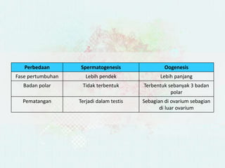 Perbedaan Spermatogenesis Oogenesis
Fase pertumbuhan Lebih pendek Lebih panjang
Badan polar Tidak terbentuk Terbentuk sebanyak 3 badan
polar
Pematangan Terjadi dalam testis Sebagian di ovarium sebagian
di luar ovarium
 