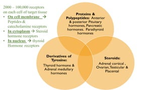 2000 – 100,000 receptors
on each cell of target tissue
• On cell membrane 
Peptides &
catecholamine receptors
• In cytoplasm  Steroid
hormone receptors
• In nucleus  thyroid
Hormone receptors
 