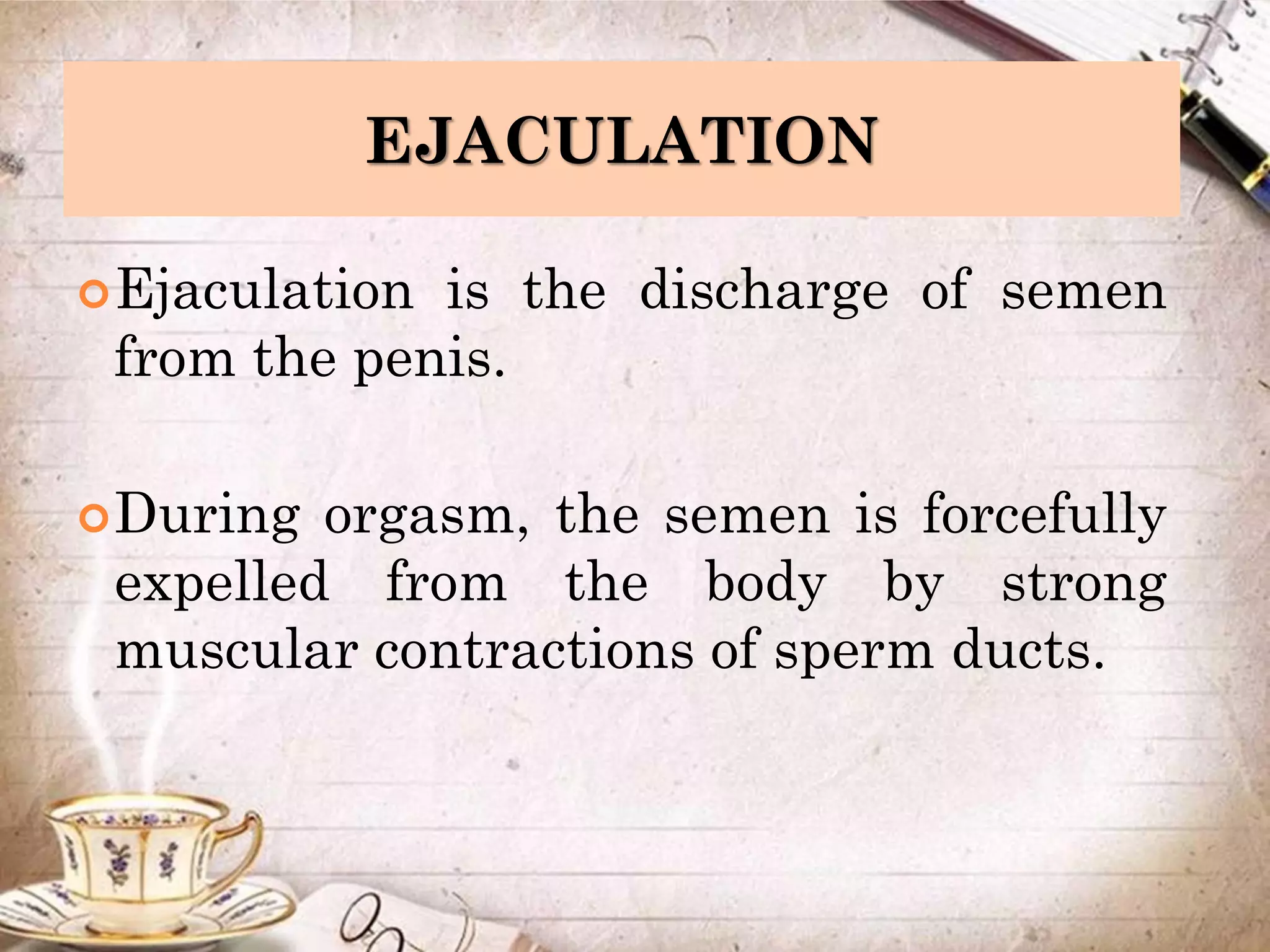 EJACULATION
Ejaculation is the discharge of semen
from the penis.
During orgasm, the semen is forcefully
expelled from the body by strong
muscular contractions of sperm ducts.
 