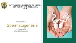 Presentation on .
DATTA MEGHE INSTITUTE OF HIGHER
EDUCATION AND RESEARCH,
SAHS.
Presented by-
Neeraj Vishwakarma
Spermatogenesis
 