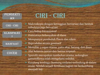 Ciri - Ciri
 Makroskopis dengan ketinggian bervariasi dan bentuk
tubuhnya juga bervariasi
 Cara hidup fotoautotrof
 Habitatnya kebanyakan di darat
 Mempunyai pembuluh floem dan xilem
 Reproduksi secara generatif
 Memiliki 3 organ utama, yaitu akar, batang, dan daun
 Alat kelamin jantan dan betina terpisah
 Sporofit merupakan tumbuhan utama, sedangkan
gametofitnya telah mengalami reduksi.
 Kandung lembaga (kantung embrio) terlindung di dalam
ovula. Setelah terjadi fertilisasi bagian ini berkembang
menjadi biji
Cover
Ciri - Ciri
Manfaat
Klasifikas
i
Pengerti
an
 