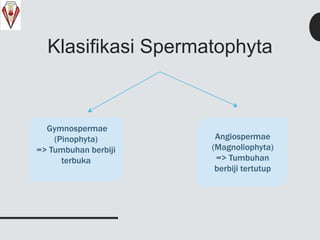 Klasifikasi Spermatophyta
Gymnospermae
(Pinophyta)
=> Tumbuhan berbiji
terbuka
Angiospermae
(Magnoliophyta)
=> Tumbuhan
berbiji tertutup
 