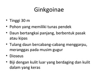 Ginkgoinae
• Tinggi 30 m
• Pohon yang memiliki tunas pendek
• Daun bertangkai panjang, berbentuk pasak
  atau kipas
• Tulang daun bercabang-cabang menggarpu,
  meranggas pada musim gugur
• Dioseus
• Biji dengan kulit luar yang berdaging dan kulit
  dalam yang keras
 