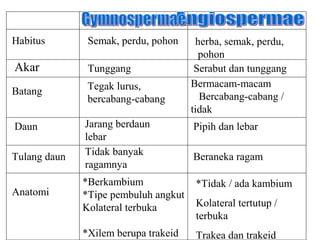 Habitus        Semak, perdu, pohon     herba, semak, perdu,
                                        pohon
Akar           Tunggang                Serabut dan tunggang
               Tegak lurus,           Bermacam-macam
Batang                                  Bercabang-cabang /
               bercabang-cabang
                                      tidak
Daun          Jarang berdaun          Pipih dan lebar
              lebar
Tulang daun   Tidak banyak            Beraneka ragam
              ragamnya
              *Berkambium              *Tidak / ada kambium
Anatomi       *Tipe pembuluh angkut
              Kolateral terbuka        Kolateral tertutup /
                                       terbuka
              *Xilem berupa trakeid    Trakea dan trakeid
 