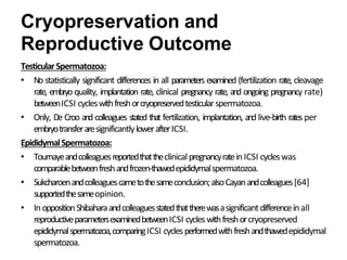 Cryopreservation and
Reproductive Outcome
TesticularSpermatozoa:
• No statistically significant differences in all parameters examined (fertilization rate, cleavage
rate, embryo quality, implantation rate, clinical pregnancy rate, and ongoing pregnancy rate)
betweenICSI cycleswithfreshorcryopreservedtesticularspermatozoa.
• Only, De Croo and colleagues stated that fertilization, implantation, and live-birth rates per
embryotransferaresignificantlylowerafterICSI.
EpididymalSpermatozoa:
• TournayeandcolleaguesreportedthattheclinicalpregnancyrateinICSI cycleswas
comparablebetweenfreshandfrozen-thawedepididymalspermatozoa.
• Sukcharoenandcolleaguescametothesameconclusion;alsoCayanandcolleagues[64]
supportedthesameopinion.
• InoppositionShibaharaandcolleaguesstatedthattherewasasignificantdifferenceinall
reproductiveparametersexaminedbetweenICSI cycleswithfreshorcryopreserved
epididymalspermatozoa,comparingICSI cyclesperformedwithfreshandthawedepididymal
spermatozoa.
 