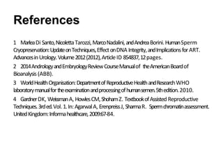 References
1 MarleaDi Santo,NicolettaTarozzi,MarcoNadalini,andAndreaBorini.HumanSperm
Cryopreservation:UpdateonTechniques,EffectonDNA Integrity,andImplicationsforART.
AdvancesinUrology.Volume2012(2012),ArticleID 854837,12pages.
2 2014AndrologyandEmbryologyReviewCourseManualof theAmericanBoardof
Bioanalysis (ABB).
3 WorldHealthOrganisation:DepartmentofReproductiveHealthandResearchWHO
laboratorymanualfortheexaminationandprocessingofhumansemen.5thedition.2010.
4 GardnerDK, WeissmanA, HowlesCM,ShohamZ. TextbookofAssisted Reproductive
Techniques.3rded.Vol.1.In:AgarwalA, ErenpreissJ, SharmaR. Spermchromatinassessment.
UnitedKingdom:Informahealthcare,2009:67-84.
 