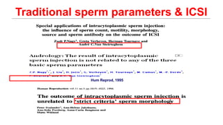 Traditional sperm parameters & ICSI
Success of ICSI independent of traditional sperm parameters
Hum Reprod, 1995
 