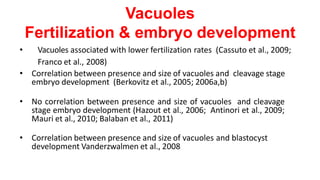 Vacuoles
Fertilization & embryo development
• Vacuoles associated with lower fertilization rates (Cassuto et al., 2009;
Franco et al., 2008)
• Correlation between presence and size of vacuoles and cleavage stage
embryo development (Berkovitz et al., 2005; 2006a,b)
• No correlation between presence and size of vacuoles and cleavage
stage embryo development (Hazout et al., 2006; Antinori et al., 2009;
Mauri et al., 2010; Balaban et al., 2011)
• Correlation between presence and size of vacuoles and blastocyst
development Vanderzwalmen et al., 2008
 