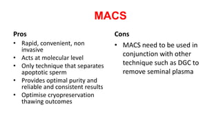 MACS
Pros
• Rapid, convenient, non
invasive
• Acts at molecular level
• Only technique that separates
apoptotic sperm
• Provides optimal purity and
reliable and consistent results
• Optimise cryopreservation
thawing outcomes
Cons
• MACS need to be used in
conjunction with other
technique such as DGC to
remove seminal plasma
 