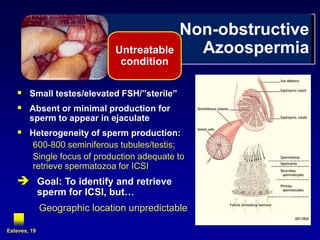 Non-obstructive
                              Untreatable      Azoospermia
                               condition

    Small testes/elevated FSH/”sterile”
    Absent or minimal production for
        sperm to appear in ejaculate
    Heterogeneity of sperm production:
         600-800 seminiferous tubules/testis;
         Single focus of production adequate to
         retrieve spermatozoa for ICSI
    Goal: To identify and retrieve
              sperm for ICSI, but…
              Geographic location unpredictable

Esteves, 19
 