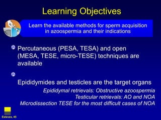 Learning Objectives
                 Learn the available methods for sperm acquisition
                        in azoospermia and their indications


              Percutaneous (PESA, TESA) and open
              (MESA, TESE, micro-TESE) techniques are
              available


              Epididymides and testicles are the target organs
                       Epididymal retrievals: Obstructive azoospermia
                                    Testicular retrievals: AO and NOA
              Microdissection TESE for the most difficult cases of NOA

Esteves, 45
 