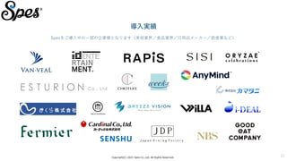 Copyright(C) 2021 Spes Co.,Ltd. All Rights Reserved.
11
導入実績
Spesをご導入中の一部の企業様となります（美容業界／食品業界／日用品メーカー／飲食業など）
 