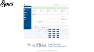 Copyright(C) 2021 Spes Co.,Ltd. All Rights Reserved.
7
サービス紹介サイト：https://spe-s.jp/
ログイン＆無料登録：https://order.spe-s.com/
 