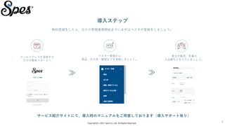 Copyright(C) 2021 Spes Co.,Ltd. All Rights Reserved.
8
導入ステップ
無料登録をしたら、日々の管理業務開始までにまずはマスタの登録をしましょう。
サービス紹介サイトにて、導入時のマニュアルをご用意しております（導入サポート有り）
≫
メールアドレスを登録する
だけの簡単スタート！
マスター管理から
商品・仕入先・顧客などを登録しましょう。
≫
発注や販売、在庫の
入出庫などを入力しましょう。
 