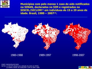 Municípios com pelo menos 1 caso de aids notificados no SINAN, declarados no SIM e registrados no SISCEL/SICLOM (1)  em indivíduos de 15 a 29 anos de idade. Brasil, 1980 – 2007 (2) . 1980-1988 1998-2007 1989-1997 FONTE: MS/SVS/PN-DST/AIDS NOTAS: (1) SICLOM utilizado para validação dos dados do SISCEL. (2) SINAN e SISCEL até 30/06/2007 e SIM de 2000 a 2006. 