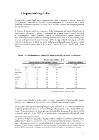 2. Le proiezioni Awg-Ecofin 4

Se questa è la storia degli ultimi cinquant’anni, quali proiezioni si possono avanzare
per i prossimi cinquanta? Ecofin ed Ocse vi hanno dedicato due recenti lavori; ed è
proprio dal confronto ragionato fra i due che si possono ottenere informazioni preziose
per i policy maker.

Il Gruppo di Lavoro sull’Invecchiamento della Popolazione di Ecofin (Awg-Ecofin) è
giunto ormai alla sua terza release di proiezioni per la spesa sanitaria pubblica acute e
di lungodegenza. Nello scenario centrale o Awg-reference, quello incorporato
nell’analisi annuale di sostenibilità di lungo termine delle finanze pubbliche dei paesi,
la acute vede aumentare la sua incidenza sul Pil, da oggi al 2060, di 1,5 p.p. in Ue-15
e Ue-27, e di 1,1 p.p. in Italia. Sul fronte della spesa di lungodegenza (long-term o ltc),
gli incrementi di incidenza sono di 1,2 p.p. per l’Ue-15, di 1,1 per l’Ue-27, e di 1,3 per
l’Italia.
 
 
                                                                      
     Tavola 1 - Proiezioni di spesa Awg-Ecofin: scenario centrale e scenario «tecnologico »
                                                      
                                             Spesa sanitaria pubblica - % Pil
                      scenario centrale (o Awg-reference scenario)                      scenario «tecnologico»
                         acuta                     per lungodegenza                                   acuta
               2007        ∆ 2007-2060         2007          ∆ 2007-2060                      ∆ 2007-2060
Francia         8,1              1,2            1,4                0,6                                 6,8
Germania        7,4              1,8            0,9                1,4                                 7,2
Italia          5,9              1,1            1,7                1,3                                 5,3
Spagna          5,5              1,6            0,5                0,9                                 5,6
Svezia          7,2              0,8            3,5                2,3                                 5,4
Uk              7,5              1,9            0,8                0,5                                 7,4
Ue-15           6,9              1,5            1,3                1,2                                 6,4
Ue-27           6,7              1,5            1,2                1,1                                 6,3
                                                       
                                                          fonte: elaborazione dell’autore su Ecofin
 
 
 
Per apprezzare a fondo le proiezioni è necessario inquadrarle all’interno delle ipotesi
più importanti adottate da Awg-Ecofin, oltre quella di invarianza della policy.

Per la voce acute, a partire della spesa pro-capite per fasce di età-sesso nell’anno base
(il 2007), questa stessa spesa si evolve nel tempo allo stesso tasso di crescita del Pil pro-
capite. A questa dinamica si aggiunge una elasticità della domanda di prestazioni al Pil
pro-capite pari ad 1,1 nel 2007, e poi convergente con continuità all’unità al 2060.

4
 Ci si riferisce ai due lavori Awg-Ecofin, The impact of ageing populations on public expenditure, 2006, e
Awg-Ecofin, Ageing Report - 2009 edition, 2009. Per una loro dettagliata disamina, cfr. F. Pammolli e N.C.
Salerno, Spesa sanitaria: quali ipotesi per quali proiezioni? Ecofin e Ocse a confronto, Nota Cerm, n. 1-
2009, liberamente disponibile sul sito www.cermlab.it. Si tenga presente che Ecofin considera un
perimetro di spesa sanitaria pubblica che, nel caso dell’Italia, è più ampio di quello relativo alla sola
gestione del Ssn, includendo voci appartenenti ai bilanci degli enti locali e, in particolare, dei Comuni.



                                                                                                              15
 
