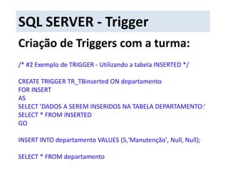 Os gatilhos AFTER disparam após todas as restrições terem sido satisfeitas, e após todas as alterações terem sido aplicadas à tabela de destino.SQL SERVER - TriggerQuando o gatilho vai ser disparado?O Trigger é disparado por um dos seguintes eventos no banco de dados:INSERT;