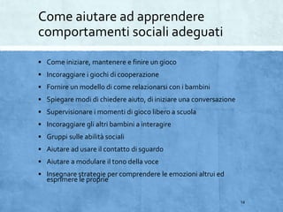 Come aiutare ad apprendere
comportamenti sociali adeguati
 Come iniziare, mantenere e finire un gioco
 Incoraggiare i giochi di cooperazione
 Fornire un modello di come relazionarsi con i bambini
 Spiegare modi di chiedere aiuto, di iniziare una conversazione
 Supervisionare i momenti di gioco libero a scuola
 Incoraggiare gli altri bambini a interagire
 Gruppi sulle abilità sociali
 Aiutare ad usare il contatto di sguardo
 Aiutare a modulare il tono della voce
 Insegnare strategie per comprendere le emozioni altrui ed
esprimere le proprie
14
 