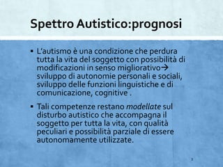 Spettro Autistico:prognosi
 L’autismo è una condizione che perdura
tutta la vita del soggetto con possibilità di
modificazioni in senso migliorativo
sviluppo di autonomie personali e sociali,
sviluppo delle funzioni linguistiche e di
comunicazione, cognitive .
 Tali competenze restano modellate sul
disturbo autistico che accompagna il
soggetto per tutta la vita, con qualità
peculiari e possibilità parziale di essere
autonomamente utilizzate.
3
 