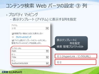 コンテンツ検索Web パーツの設定③ 列 
› プロパティマッピング 
– 表示テンプレート(アイテム) に表示する列を指定 
表示テンプレートに 
列を指定 
検索管理プロパティのみ 
行１(HyperLink：リンクのURL) 
行２ 
 