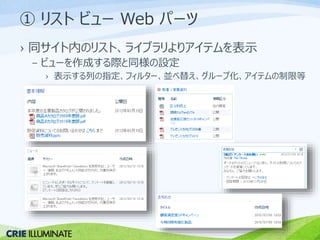 ① リストビューWeb パーツ 
› 同サイト内のリスト、ライブラリよりアイテムを表示 
– ビューを作成する際と同様の設定 
› 表示する列の指定、フィルター、並べ替え、グループ化、アイテムの制限等 
 