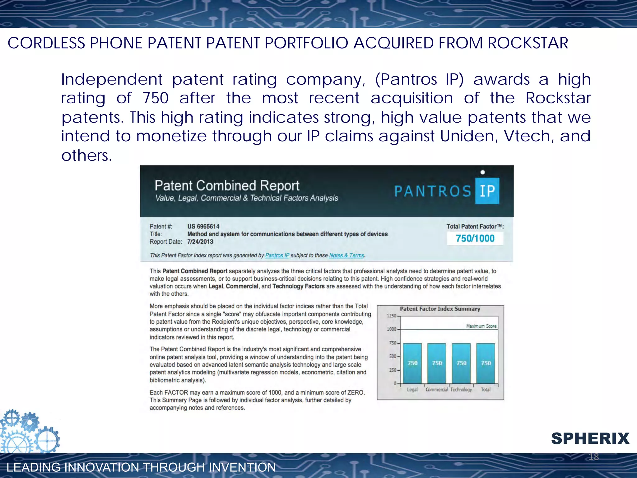 CORDLESS PHONE PATENT PATENT PORTFOLIO ACQUIRED FROM ROCKSTAR
Independent patent rating company, (Pantros IP) awards a high
rating of 750 after the most recent acquisition of the Rockstar
patents. This high rating indicates strong, high value patents that we
intend to monetize through our IP claims against Uniden, Vtech, and
others.

SPHERIX
LEADING INNOVATION THROUGH INVENTION

18	
  

 