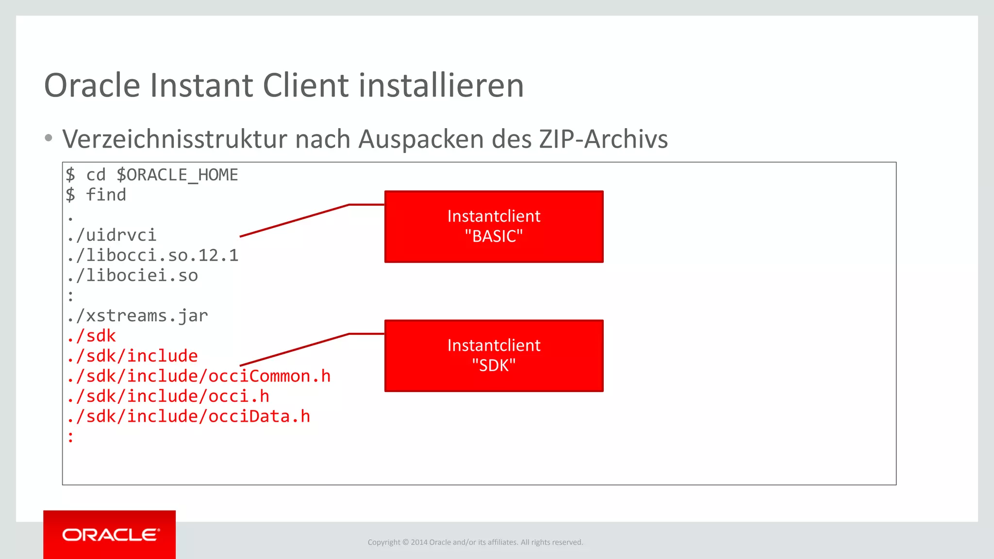 Copyright © 2014 Oracle and/or its affiliates. All rights reserved.
Oracle Instant Client installieren
• Verzeichnisstruktur nach Auspacken des ZIP-Archivs
$ cd $ORACLE_HOME
$ find
.
./uidrvci
./libocci.so.12.1
./libociei.so
:
./xstreams.jar
./sdk
./sdk/include
./sdk/include/occiCommon.h
./sdk/include/occi.h
./sdk/include/occiData.h
:
Instantclient
"BASIC"
Instantclient
"SDK"
 