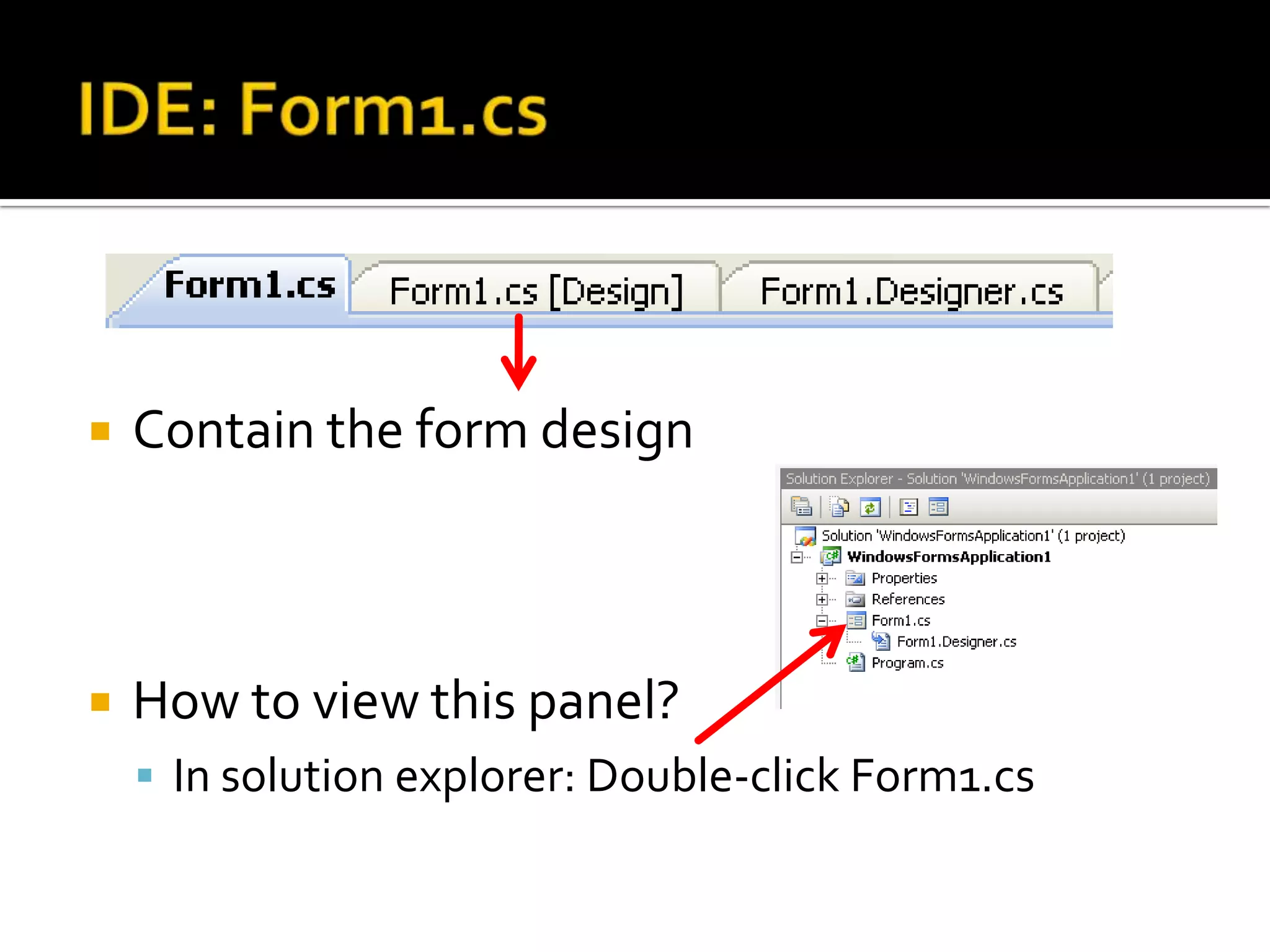 IDE: Form1.csContain the form designHow to view this panel?In solution explorer: Double-click Form1.cs