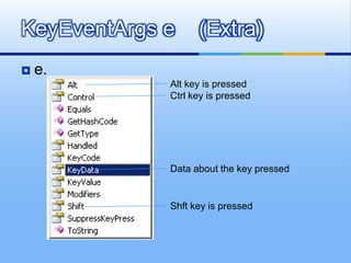 e.KeyEventArgs e    (Extra)Alt key is pressedCtrl key is pressedData about the key pressedShft key is pressed