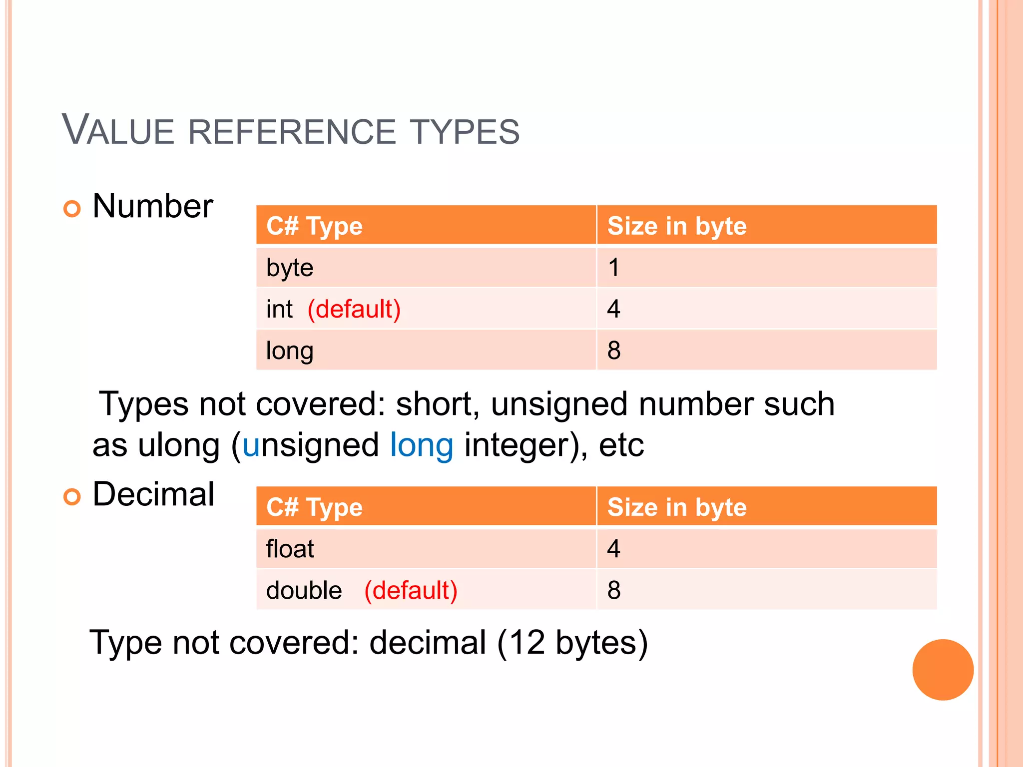 Value reference typesNumber    Types not covered: short, unsigned number such as ulong (unsigned long integer), etcDecimal   Type not covered: decimal (12 bytes)