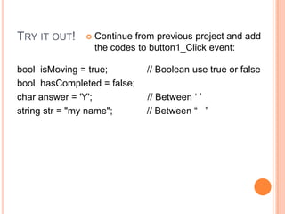 Special typeStringstring is a reference type but behaves like value type Memory usage is reference typeBehave like value type    string str = “a new string”;   // No need to use New keywordReason: Microsoft wants to make string in .NET safe and fast for programmer to handle sequence of characters.       Good tutorial on C# string:  http://alturl.com/r4qa