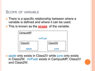 How to use them?boolisMoving = true;               // Use true or falseboolhasCompleted = false;char answer = ‘ Y ’;                   // Between ‘ ’string str = “my name”;            // Between “   ”