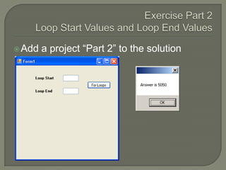 Exercise Part 2Loop Start Values and Loop End Values Add a project “Part 2” to the solution