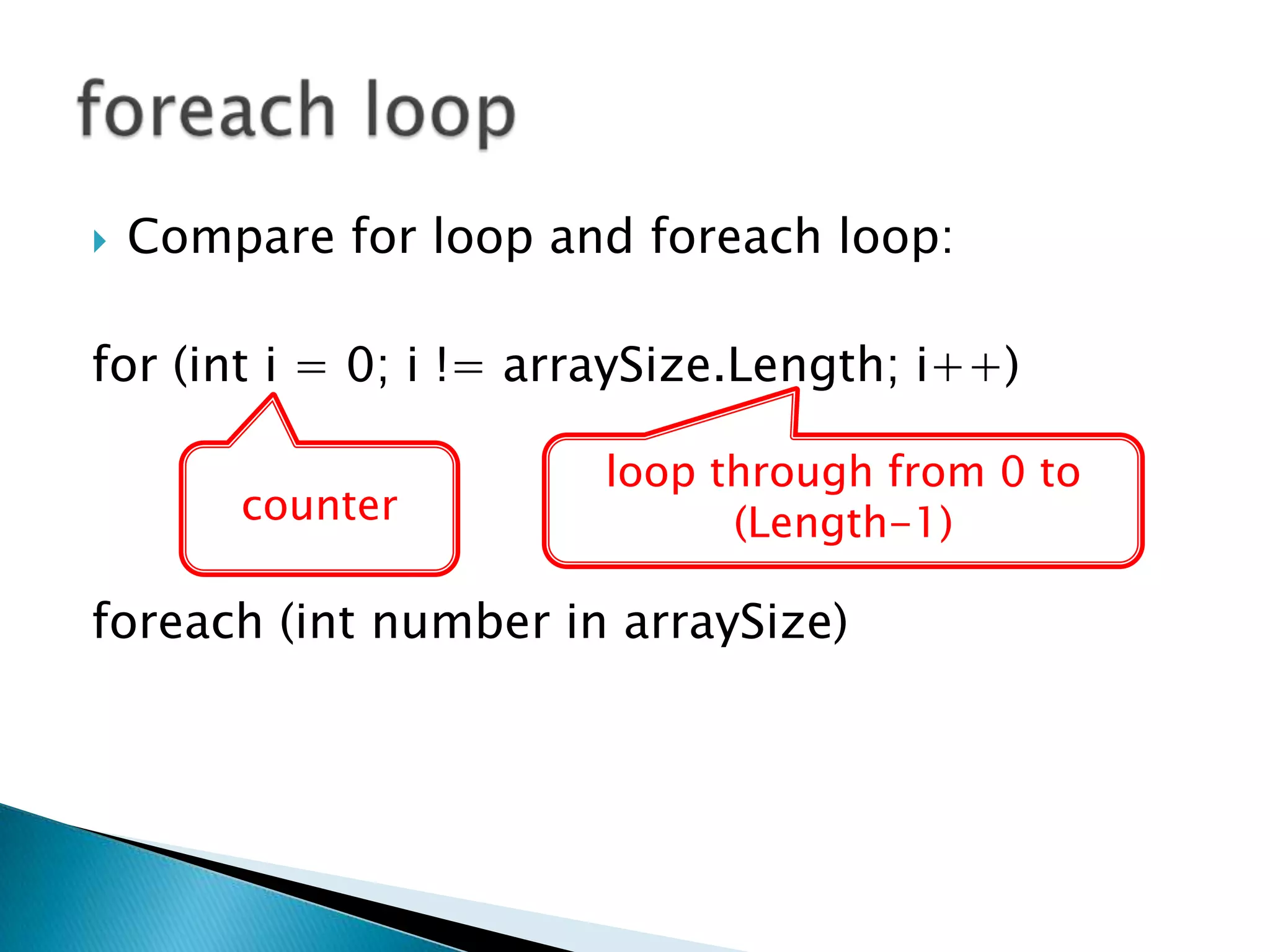 Compare for loop and foreach loop:for (int i = 0; i != arraySize.Length; i++)foreach (int number in arraySize)foreach looploop through from 0 to (Length-1) counter