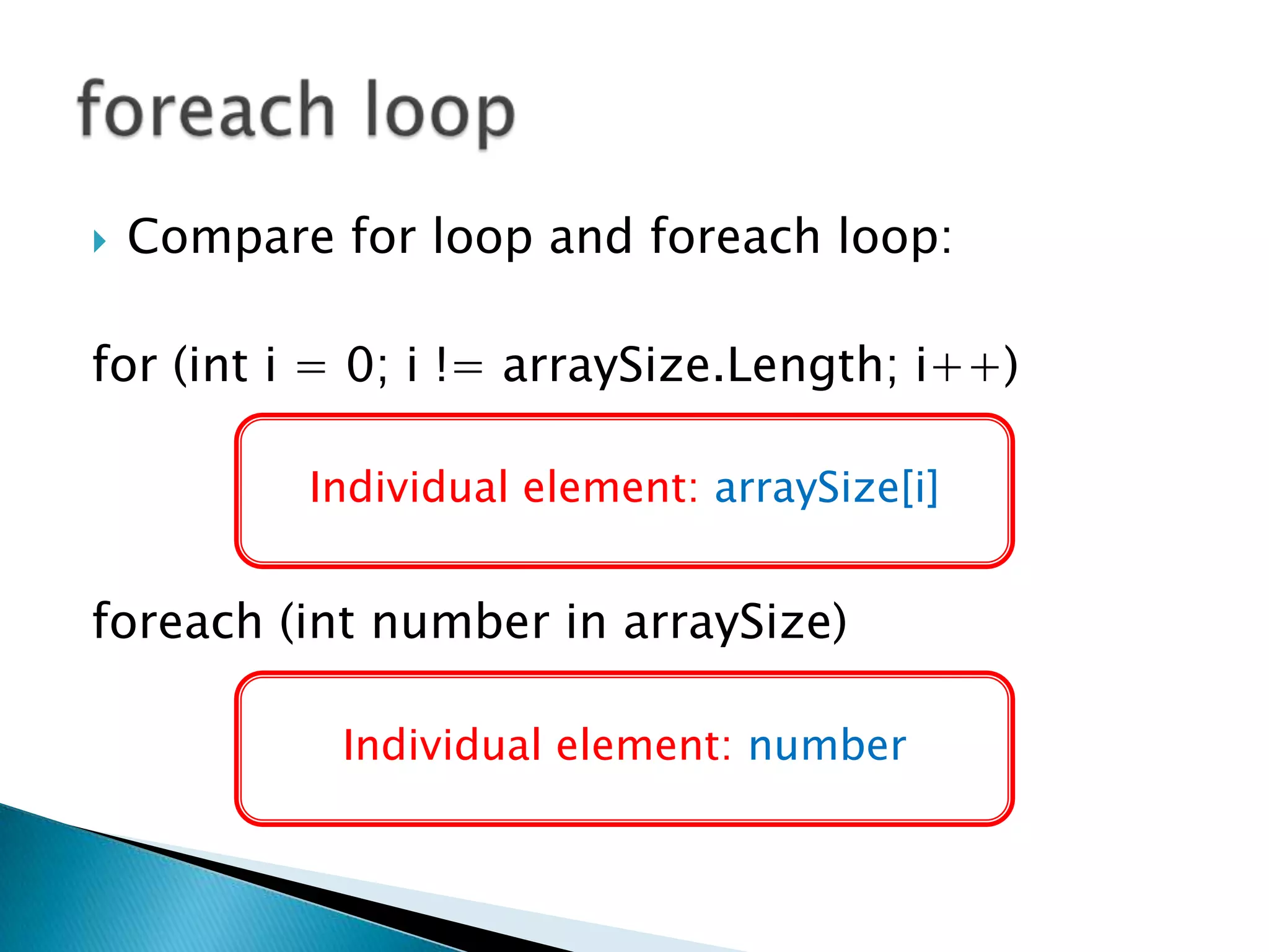 Compare for loop and foreach loop:for (int i = 0; i != arraySize.Length; i++)foreach (int number in arraySize)foreach loopIndividual element: arraySize[i]Individual element: number