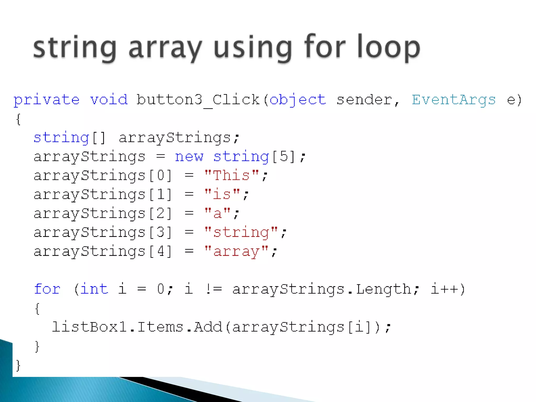 string array using for loop