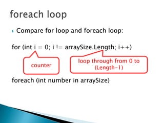 Compare for loop and foreach loop:for (int i = 0; i != arraySize.Length; i++)foreach (int number in arraySize)foreach looploop through from 0 to (Length-1) counter