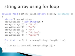 string array using for loop