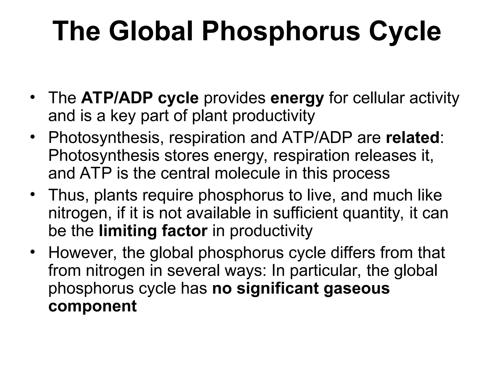 The Global Phosphorus Cycle
• The ATP/ADP cycle provides energy for cellular activity
and is a key part of plant productivity
• Photosynthesis, respiration and ATP/ADP are related:
Photosynthesis stores energy, respiration releases it,
and ATP is the central molecule in this process
• Thus, plants require phosphorus to live, and much like
nitrogen, if it is not available in sufficient quantity, it can
be the limiting factor in productivity
• However, the global phosphorus cycle differs from that
from nitrogen in several ways: In particular, the global
phosphorus cycle has no significant gaseous
component
 