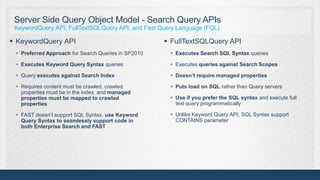 Server Side Query Object Model - Search Query APIs
 KeywordQuery API, FullTextSQLQuery API, and Fast Query Language (FQL)

 KeywordQuery API                                    FullTextSQLQuery API
  Preferred Approach for Search Queries in SP2010     Executes Search SQL Syntax queries

  Executes Keyword Query Syntax queries               Executes queries against Search Scopes

  Query executes against Search Index                 Doesn’t require managed properties

  Requires content must be crawled, crawled           Puts load on SQL rather than Query servers
   properties must be in the index, and managed
   properties must be mapped to crawled                Use if you prefer the SQL syntax and execute full
   properties.                                          text query programmatically

  FAST doesn’t support SQL Syntax, use Keyword        Unlike Keyword Query API, SQL Syntax support
   Query Syntax to seamlessly support code in           CONTAINS parameter
   both Enterprise Search and FAST




                                                                                                            22
 