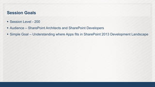 Session Goals

 Session Level - 200
 Audience – SharePoint Architects and SharePoint Developers
 Simple Goal – Understanding where Apps fits in SharePoint 2013 Development Landscape




                                                                                         2
 
