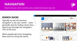 NAVIGATION
Needs to be user centric and help users complete their day to day work
Typically we see this because
navigation...