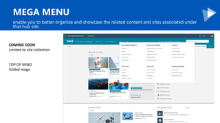 MEGA MENU
enable you to better organize and showcase the related content and sites associated under
that hub site.
COMING ...