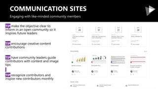 COMMUNICATION SITES
TIP make the objective clear to
inform in an open community so it
inspires future leaders
TIP encourag...