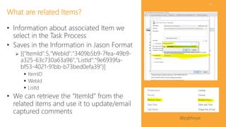 #SPFestDC @pgbhoyar
33
• Information about associated Item we
select in the Task Process
• Saves in the Information in Jason Format
 [{"ItemId":5,"WebId":"3409b5b9-7fea-49b9-
a325-63c730a63a96","ListId":"9e6939fa-
bf53-4021-91bb-b73bed0efa39"}]
 ItemID
 WebId
 ListId
• We can retrieve the “ItemId” from the
related items and use it to update/email
captured comments
What are related Items?
 