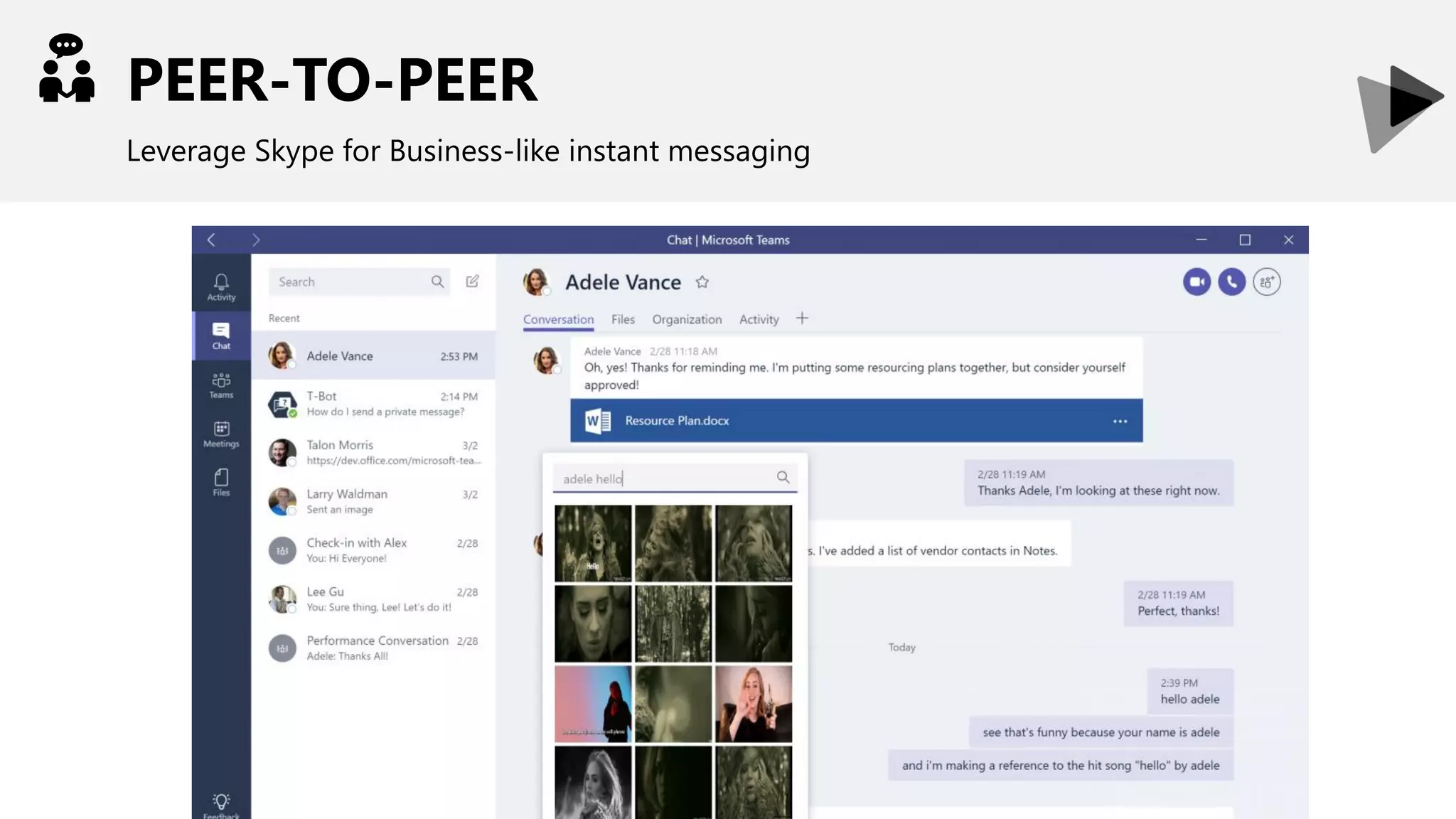 PEER-TO-PEER
Leverage Skype for Business-like instant messaging
 